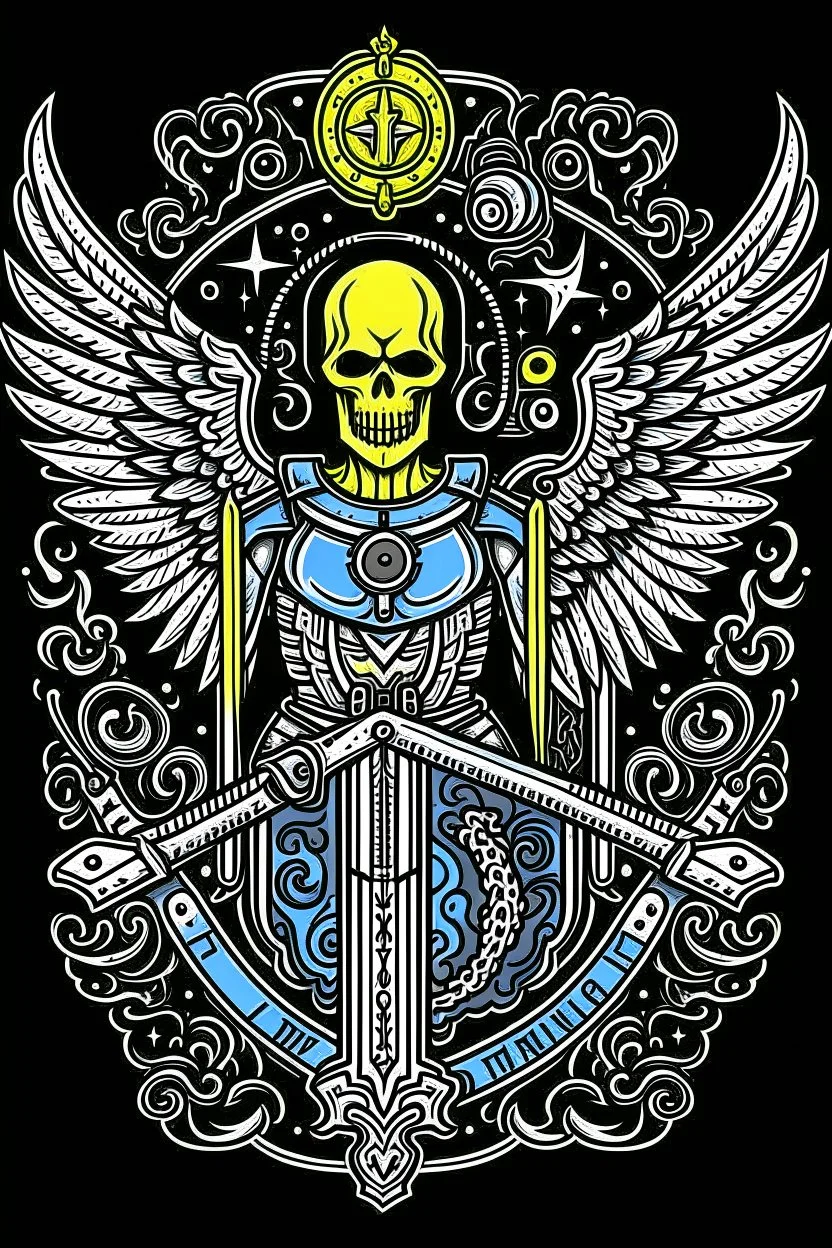 A coat of arms featuring the angel of death, and science fiction weapons