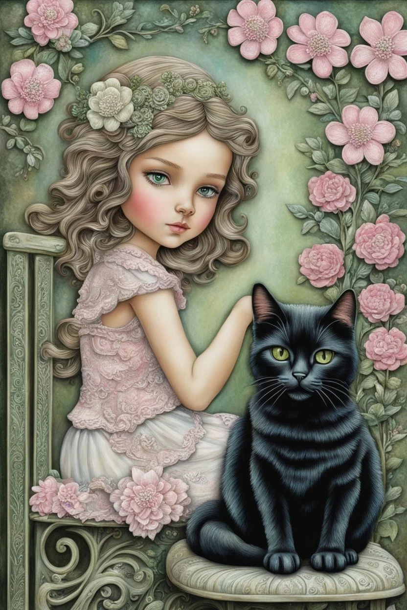 Mixed Media Dry Brush shimmering tones, 3D, highly textured, little girl with pretty green eyes, sitting on an ornate bench with her black cat in the park, flowers, shades of Sage green, white, and pink, beautifully embossed