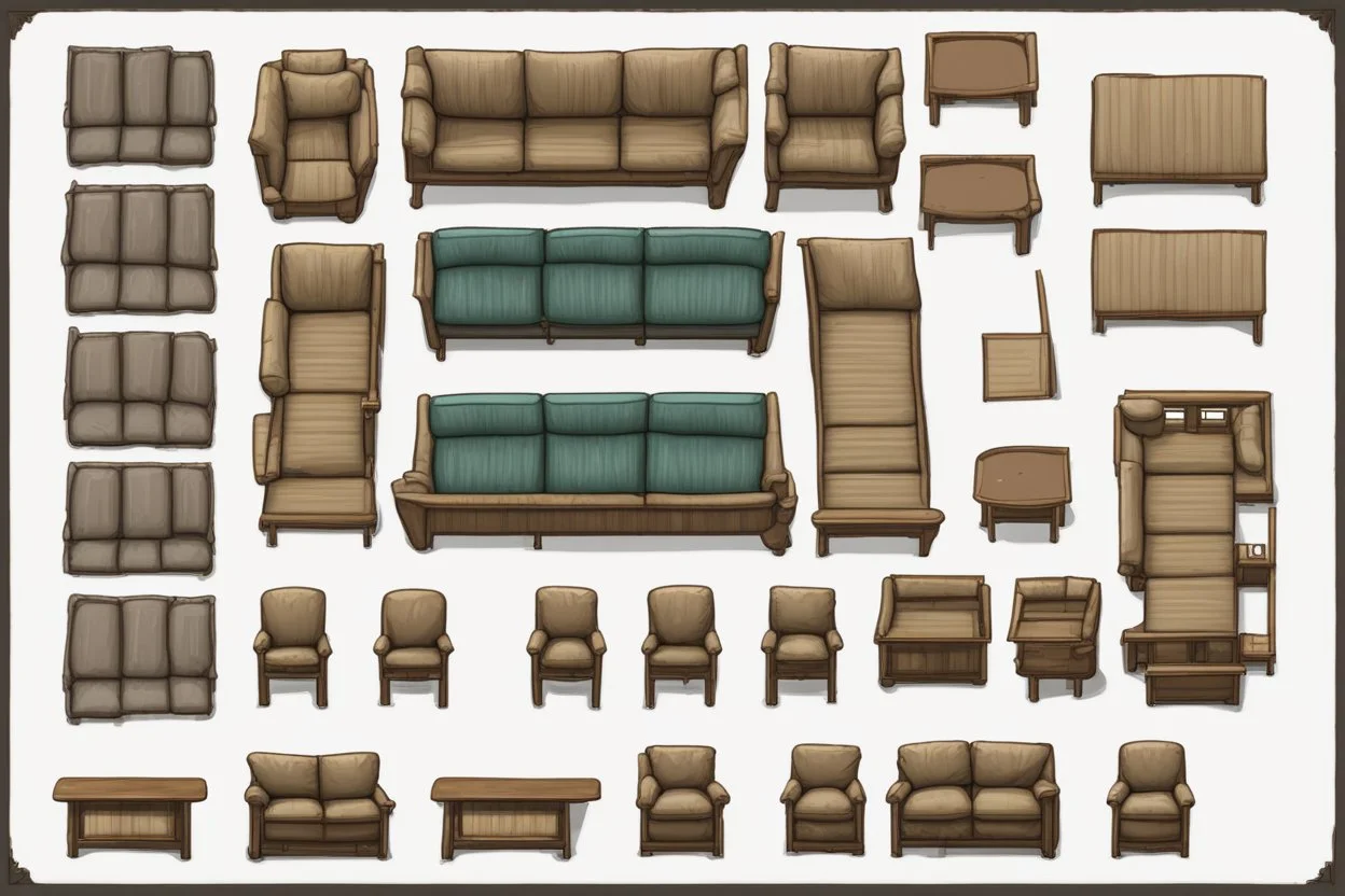 Sprite sheet, furniture, architectural plan, couch, table, chair, top view, dilapidated, post apocalypse,