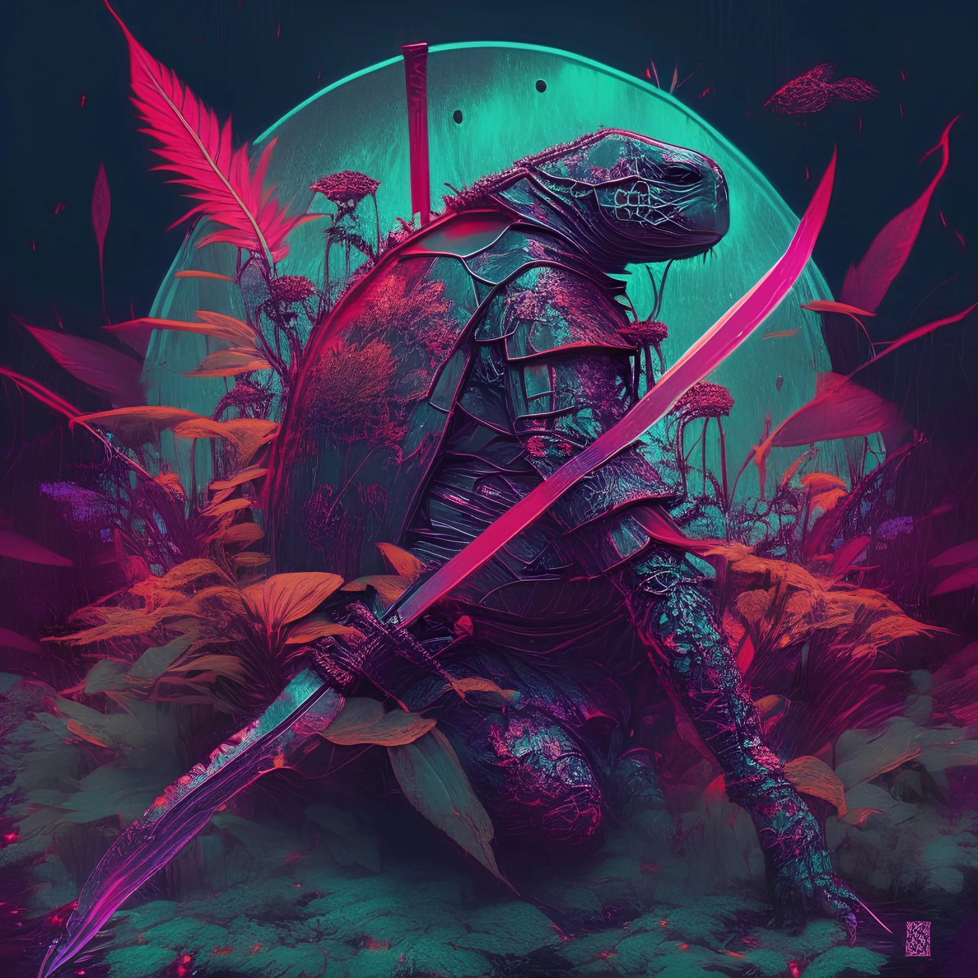 katana, turtle samurai, iridescent, blood, futuristic, guts, wildflower, cosmic, intricate, darkred tones,sidhe, ominous, nature, plants, spce,