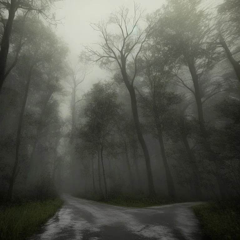 long road in the middle of the forest, with fog, cloudy day with rain, distant old church