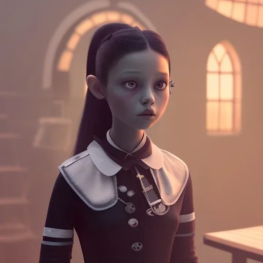 film still of jenna ortega as a gothic schoolgirl, directed by tim burton. highly detailed, volumetric lighting, unreal engine, 8k