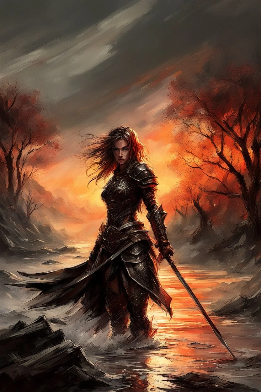 A formidable warrior girl in black armor, on the background Amazing gloomy landscape, flooded with sunset, mountains, trees, fabulous scary hero, , juicy emotions, painting, dark fantasy, bad weather, gloomy day, dark world, by Raymond Swanland & Alyssa Monks & Anna Razumovskaya & James Paick