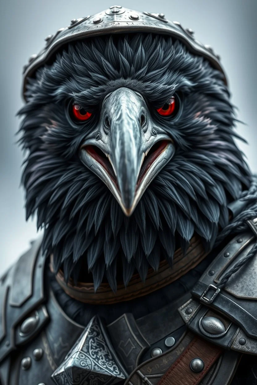 Storm Crow in full armor. Close up portrait. Afraid to fail, afraid to dive within. But still smiling.