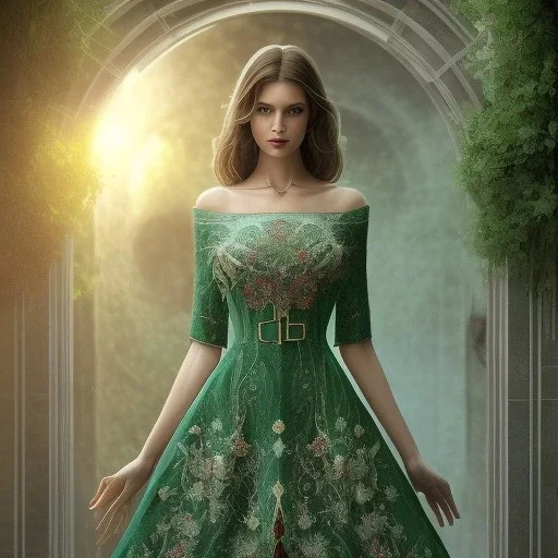 beautiful witch wirh emerald floral and botanical dress details, Glass, caustics, magic, intricate, high details