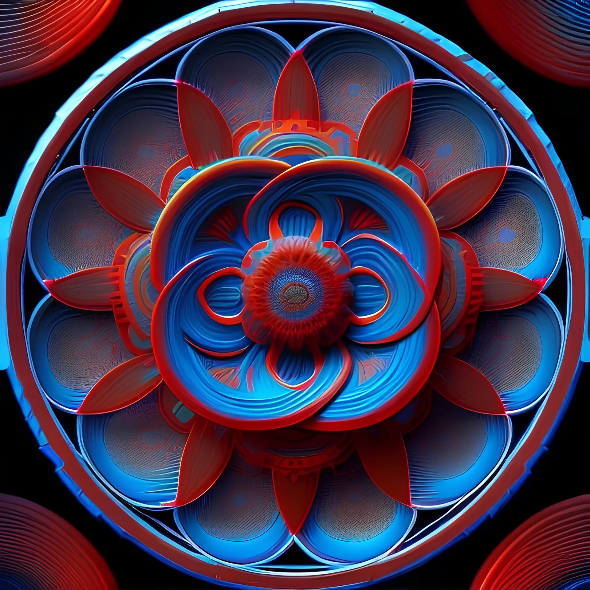 Abstract Simplified Cyan Big Flower. Contrast Black Outline. Smooth Red Wave Background. Axial Symmetrical, Vertical Symmetrical, Horizontal Symmetrical.