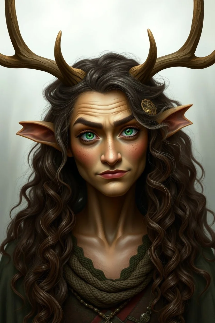A fantasy druid with antlers, olive toned skin, long brown curly hair, green eyes, Quirky face, Photorealistic style