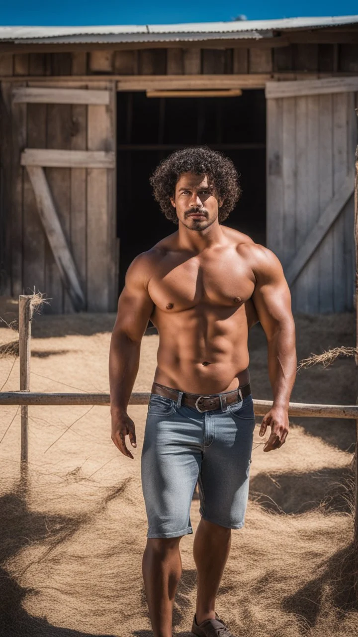 half figure photography of a burly beefy muscular brazilian farmer 29 years old, sweat, short curly hair, big moustach, manly chest, hand on the fap, manly chest with tank top, on the door of a large barn, under the sun