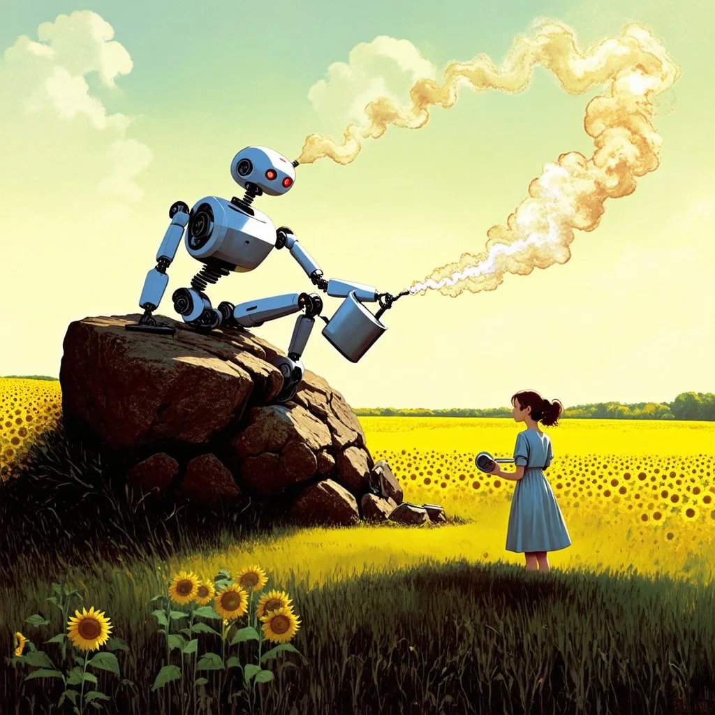 silhouette of a broken-down brutish retro-futuristic robot with a slight smoke trail from torso twirling upwards sitting limply with its back against a boulder in a field of sunflowers, girl in a sun dress holding a vintage oil can with a spout approaches robot, by Shaun Tan and Syd Mead, artistic, stunning, complex contrast, dynamic