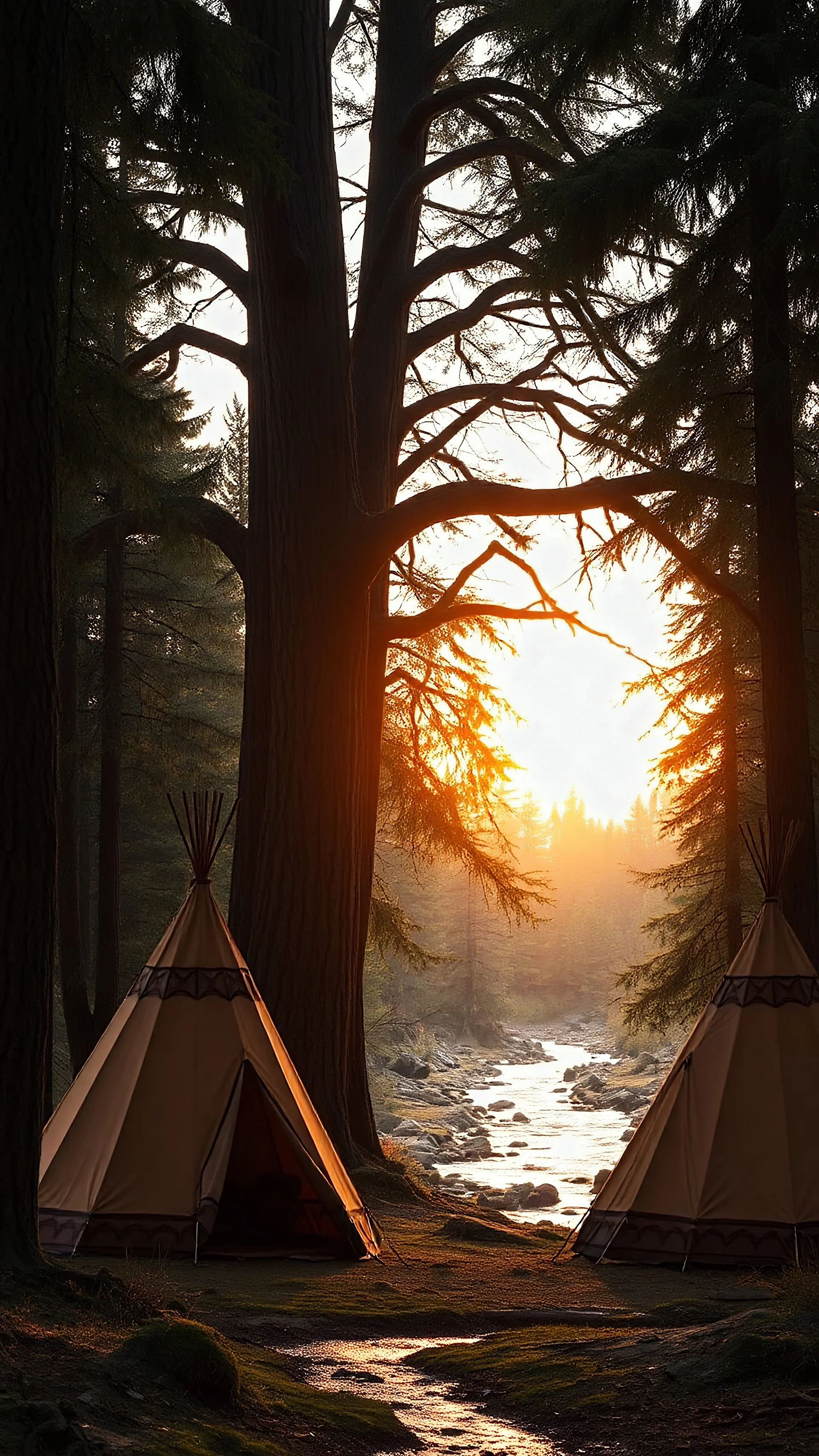 A Native American brown tents in the wood with a huge trees , river stream in the middle , behind the tree dim light of the sunset,