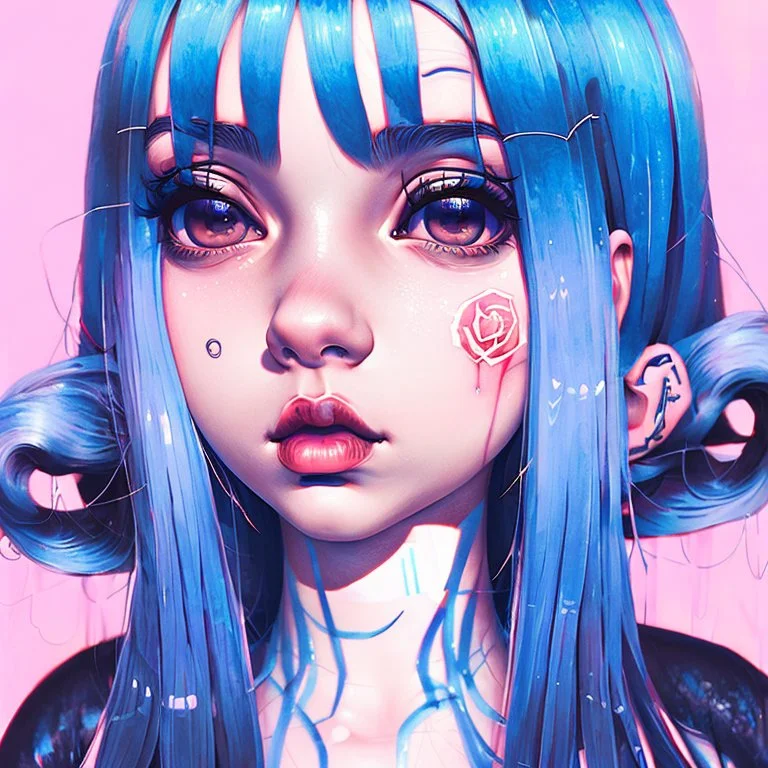 A beautiful portrait painting of a Singer Melanie Martinez face by Katsushika Hokusai, beautiful cyberpunk huge girl, symmetry, hyperdetailed, illustration darkblue tones,