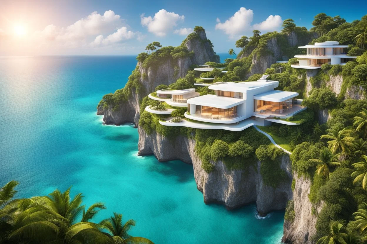 Impressive paradise islands, with elegant and luxurious futuristic homes on cliffs, vibrant and warm tones. Architecture, natural beauty, crystal clear waters, sun and lush vegetation