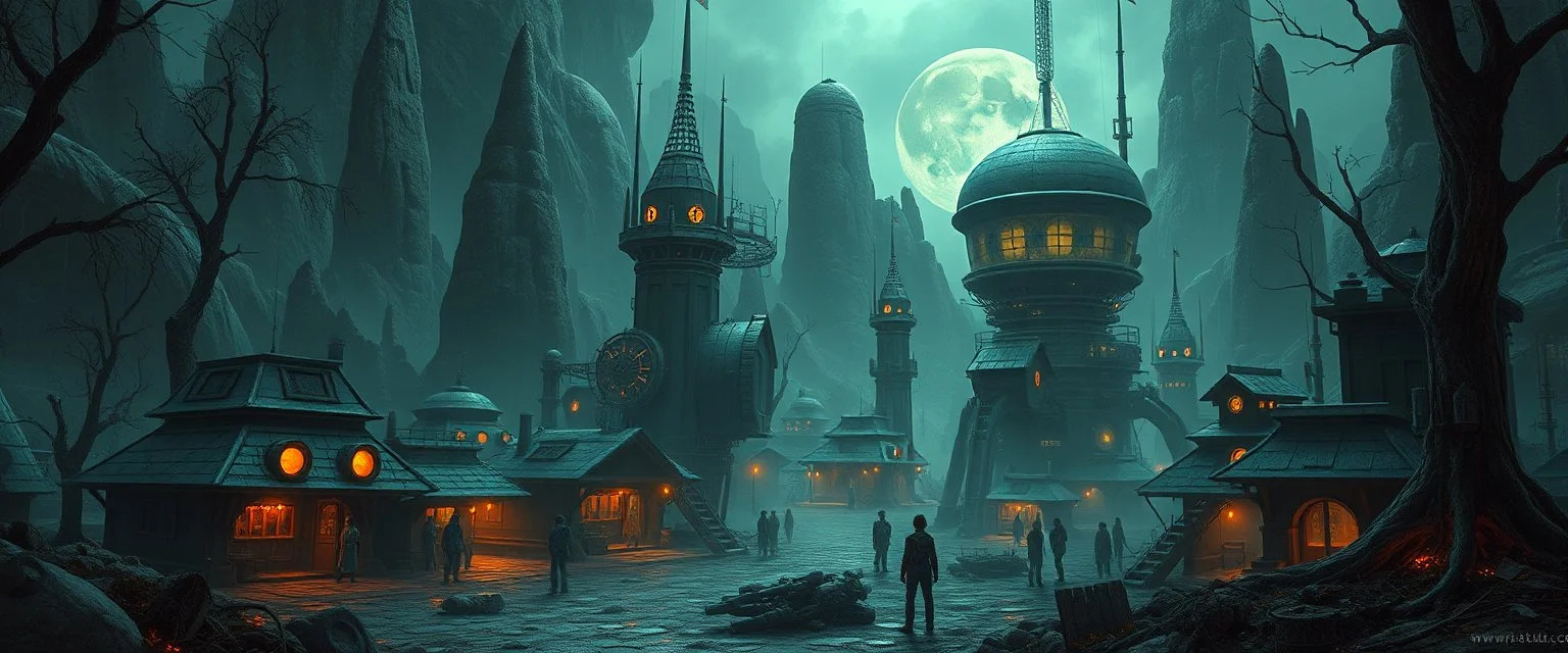 the first nation, robotic witchcraft, cyberpunk village, sci-fi, strange vessels