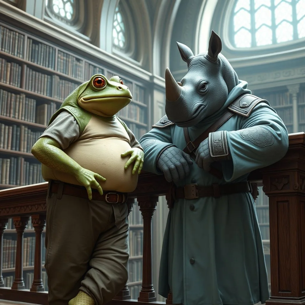 visible to waist a big and fat anthropomorphic frog hybrid in simple clothes talking with a strong gray (anthropomorphic rhinoceros no horn, without horns) in pale blue guard clothes, they talking and leaning on a wooden banister, in background a bibliothek with tall book shelves, detailed sci-fi, fantasy mood