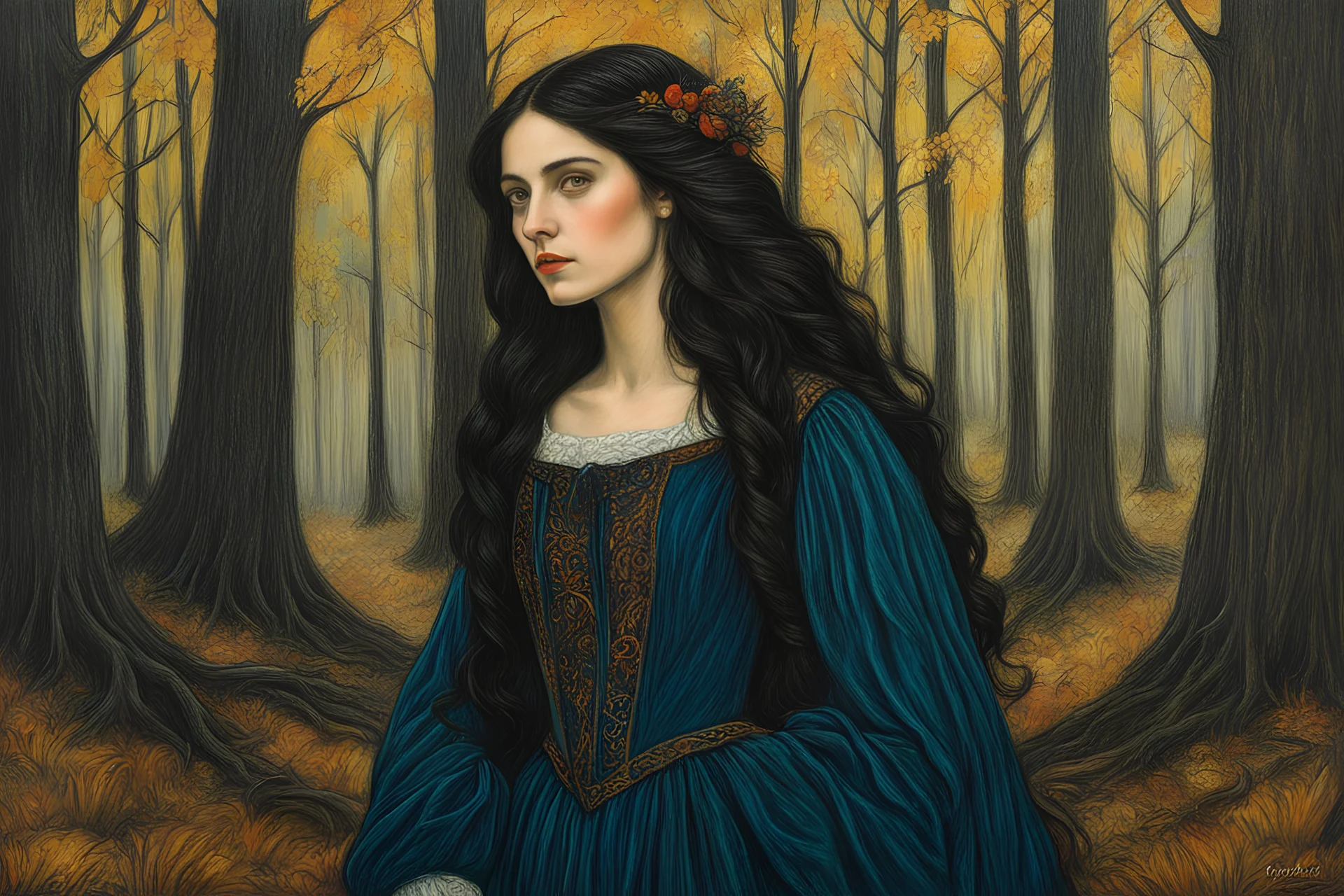 create a 3/4 profile, full body oil pastel of a dark haired, savage, ornately dressed, vampire girl with highly detailed , sharply defined hair and facial features , in a quiet autumn forest glade at dawn, in the Pre-Raphaelite style of JOHN WILLIAM WATERHOUSE