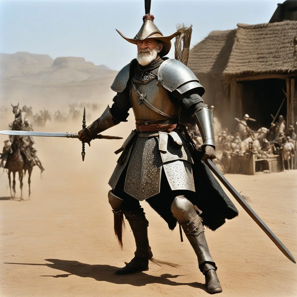 [high res photo by Ray Harryhausen] elder Don Quixote smiles, ready to fight with his tourney lance, in dust, rust and blood, his body is covered with cartridge belts