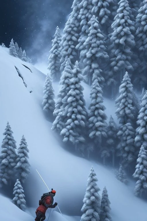 Up close to the foreground is a Man on skees trying to escape the avalanche coming down a the slope. Intense action with a sense of stress. High resolution 3d, 8k, trending on artstation. The snow in the background is overwhelming and the air is thick like smoke.