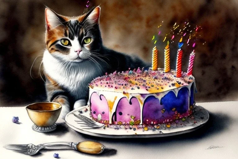 Cat is having a birthday cake.. Highly detailed, smooth colours, realistic landscape. Aquarell