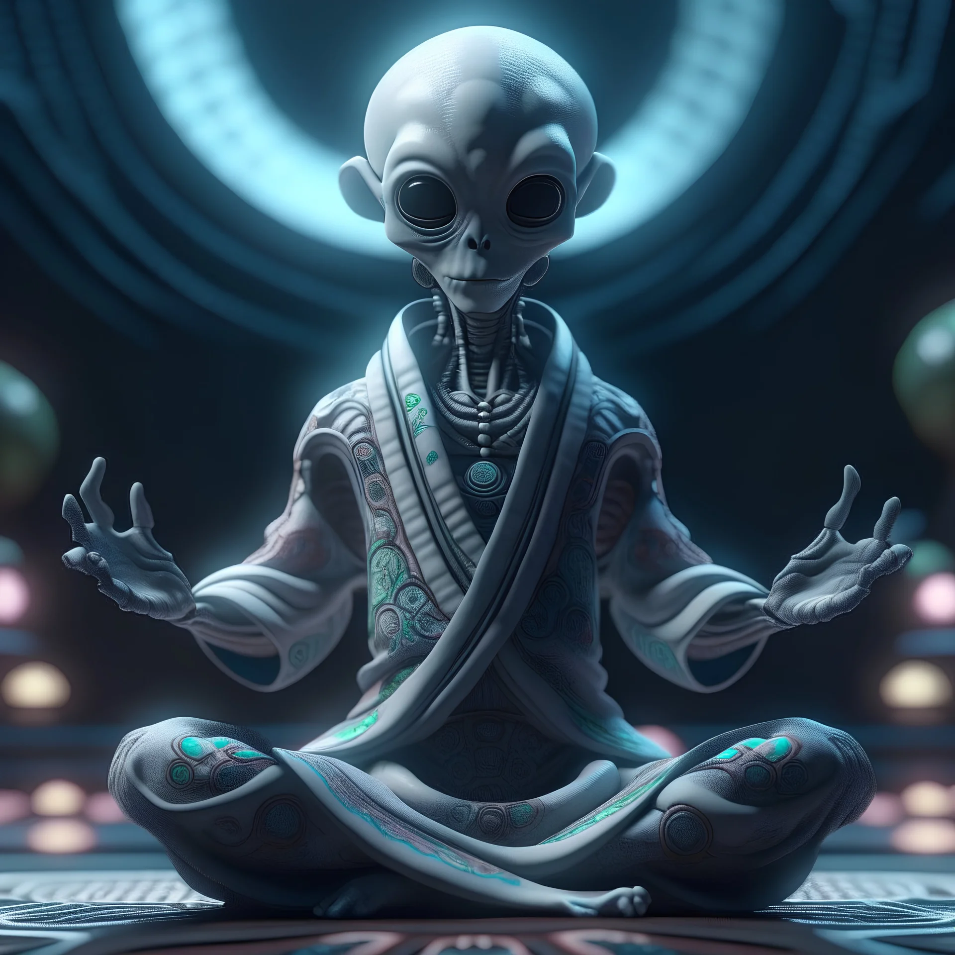 Alien wearing kimono doing yoga, intricate background, 8k octane rendered, unreal engine 5, high contrast, high resolution, cinematic lights, masterpiece, photorealistic, 3d