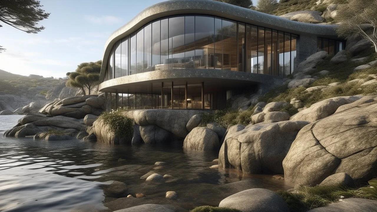 Building with organic design that blends into the rocky surroundings at the water's edge