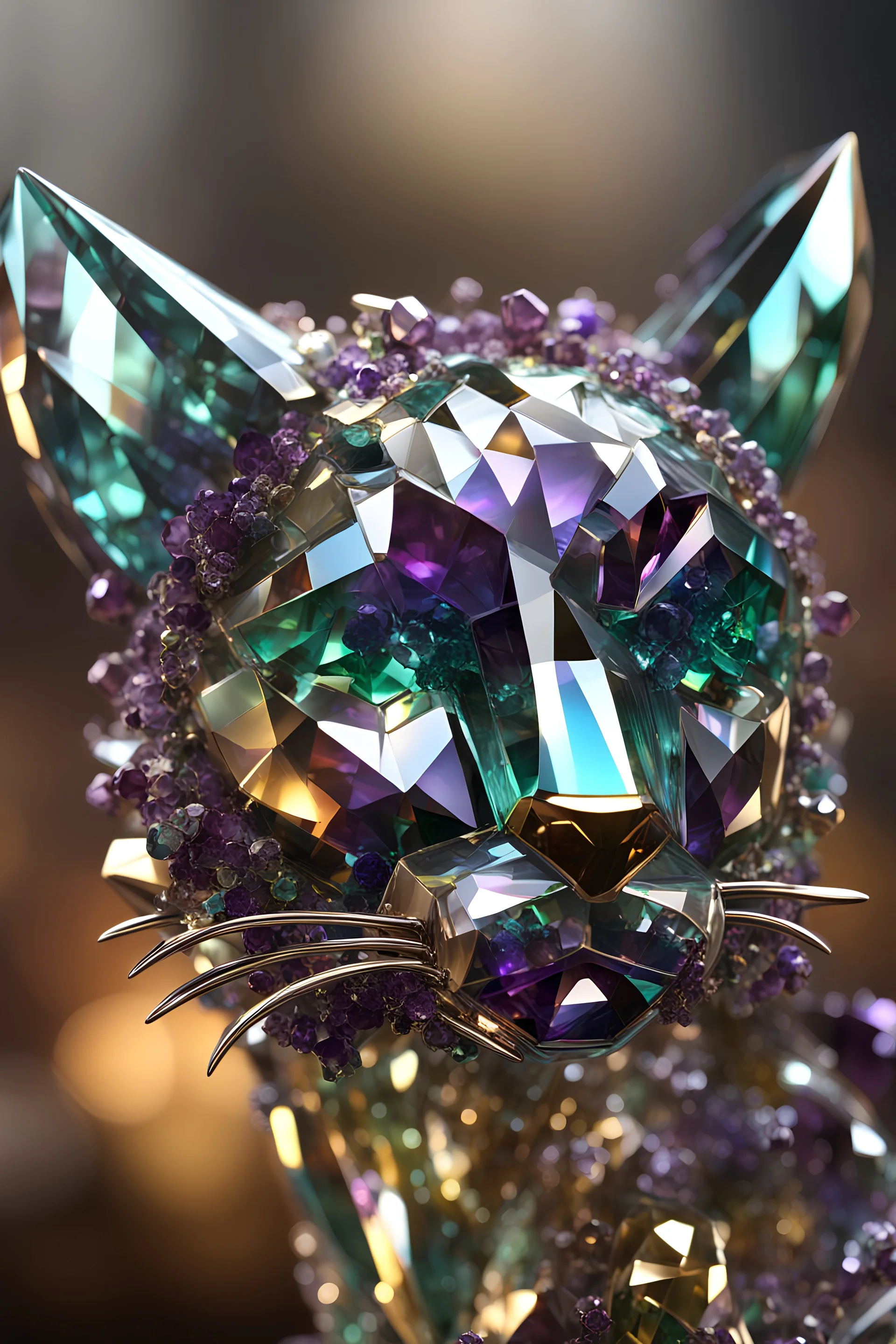 large crystal cat statue, inspired by greg rutkowski, award winning sculpture, artistic, creative, wow, beautiful, hyper realistic, bokeh, made of small shiny slabs of multicolored emerald and saphire and amethyst, vray render, amazing craftmanship, very dark and saturated colors