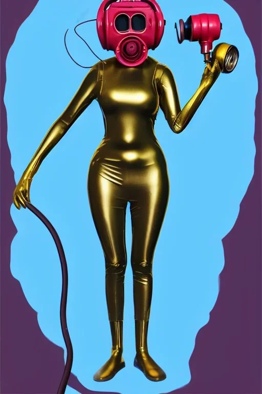 Tendril-gas-mask-Synthesizer-proboscis. Golden to cyan surfaces body, latex. skin is white hard plastic material. Cyber-punk Metallic headphones and speakers, Old-fashioned cameras integrated to heads. LED-eyes Perfect body, thick thighs and calves. simple face. Wide hip, red fabric skirt bleats nicely. Partly symmetrical. Golden ratio. Space-corrosion, rusty and decayed background. Steam-plunge air-bottles. Blue euclidean 3D-tiling surveillance walls. Oppressive atmosphere. it's rainin