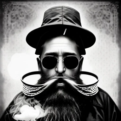 pencil Black and white Portrait of old fishermen sitting on a chair ,long beard, smoke coming out of Wooden Tobacco Smoking Pipe ,wearing a bucket hat, Cloudy background ,sunset, fantasy 8k by Van Gogh