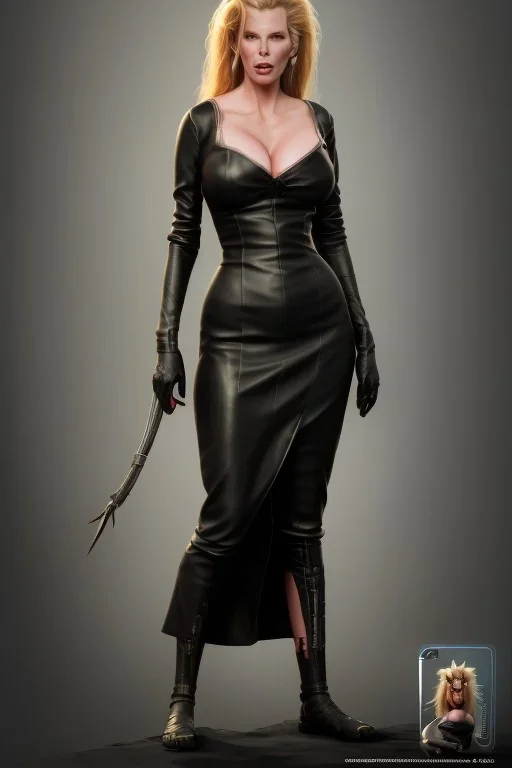 Kim Basinger in black leather gown, evil,energetic, villain, busty, cleavage, curvy, angry, happy, stern look. character design by cory loftis, fenghua zhong, ryohei hase, ismail inceoglu and ruan jia. unreal engine 5, artistic lighting, highly detailed, photorealistic, fantasy