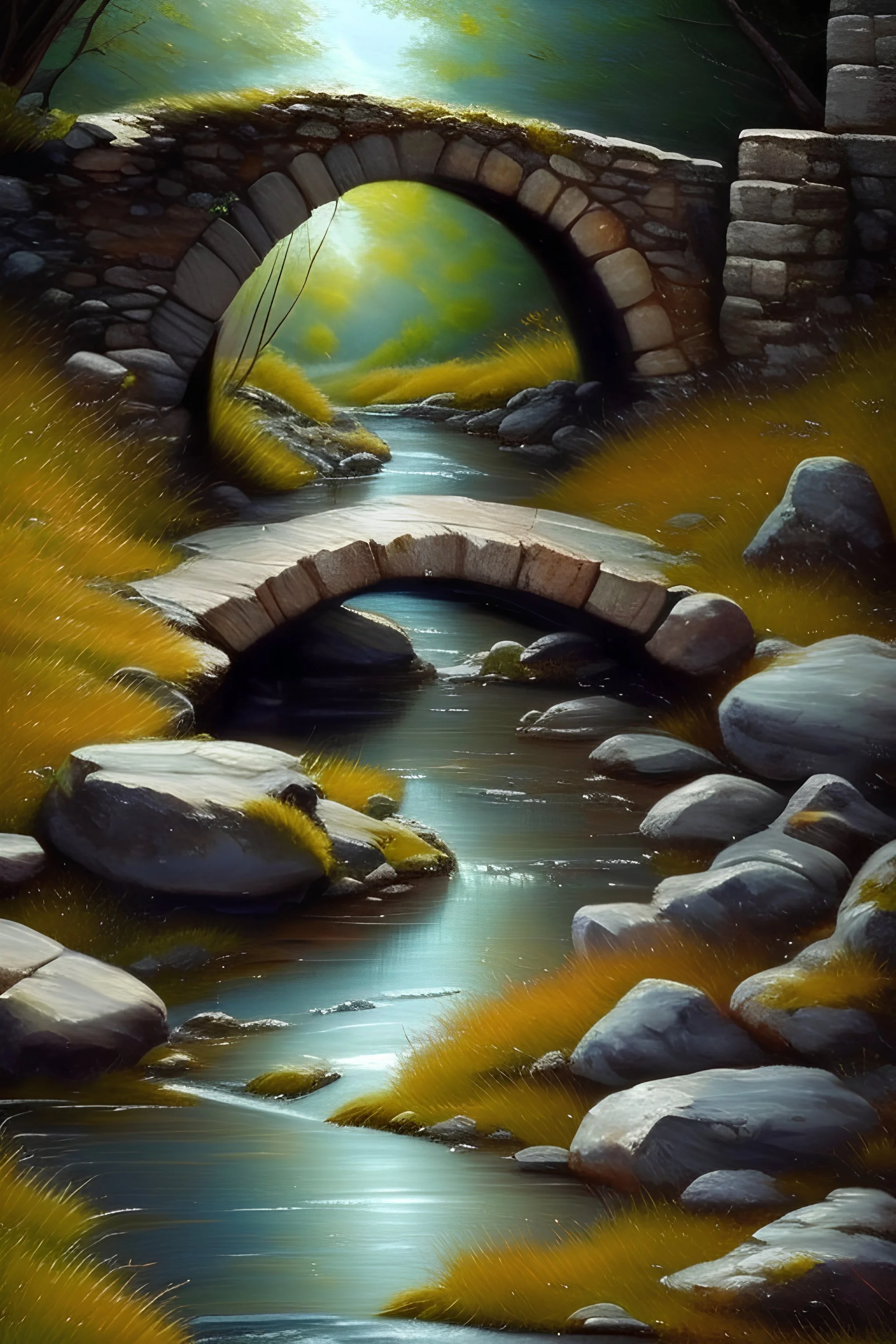 a landscape painter sits close to a little stone bridge, brook, highly detailed, realistic, smooth colors