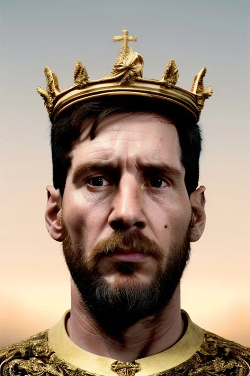 Realistic image, Baroque sculpture made in white marble with gold veins, Lionel messi with gold laurel leaves crown, decorative star on the chest, waist up portrait, marble material, gold ornaments, Baroque style, sun rays background, epic, celestial, cinematic lighting, God lights, 4k resolution, smooth details, soft lighting, unreal engine 5, art station, substance 3d.