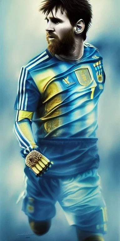 Insanely detailed portrait of messi in argentina jeesey wearing an infinity gauntlet bearing a world cup trophy emblem::perfect proportions::by Artgerm, Greg Olsen, Pixar, WLOP:: hyperrealistic, hyper detailed,photorealistic::a masterpiece,incredible composition,amazing depth, imposing,meticulously composed::Mappa studios::detailed matte painting,deep color,fantastical,intricate detail,splash screen,complementary colors,fantasy concept art, 8k reso trending on Artstation Unreal Engine