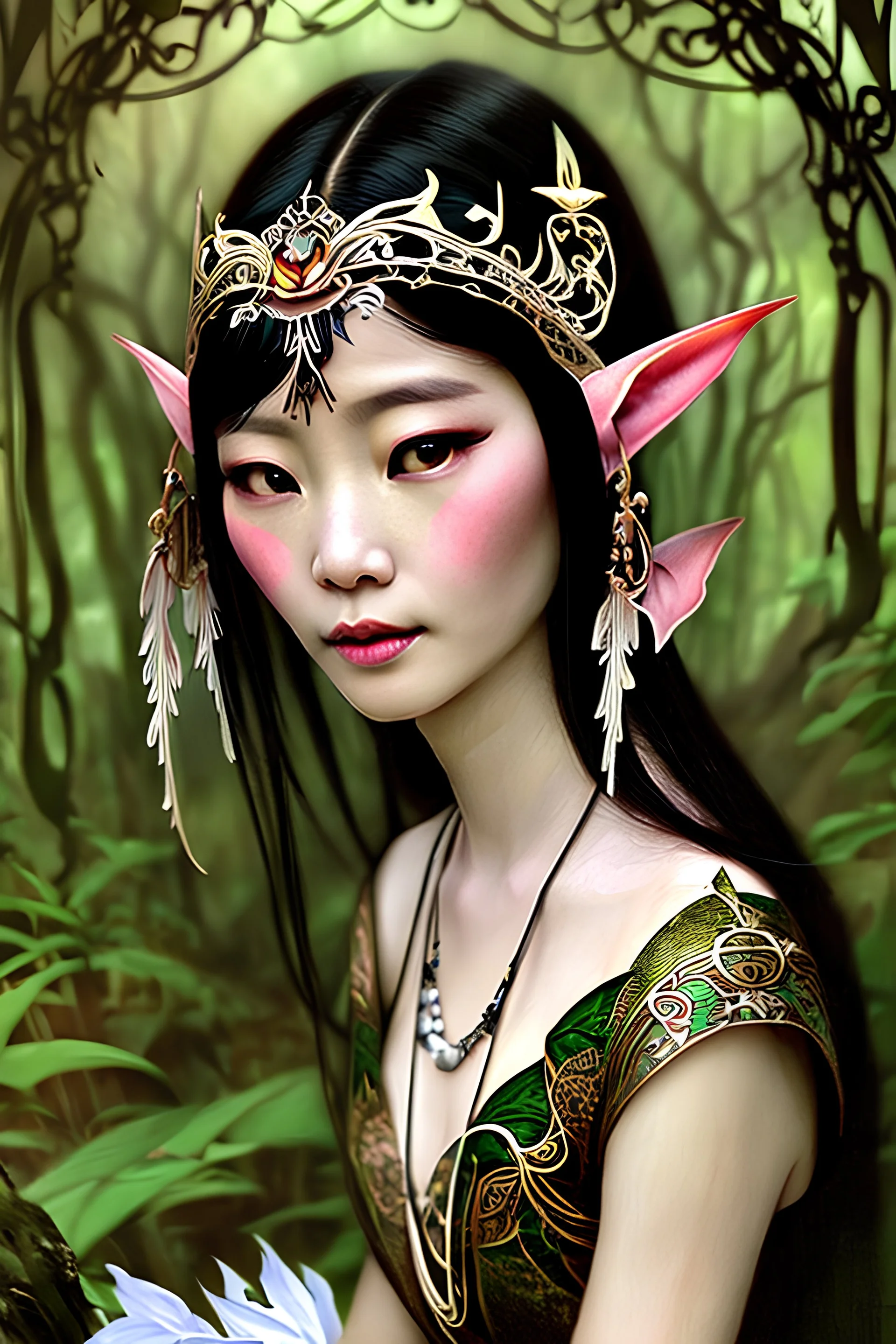 Art Nouveau art style A beautiful as a model asian woodland elf princess who looks like a young Lucy Liu seated on a throne in a mystical forest, photo-realistic