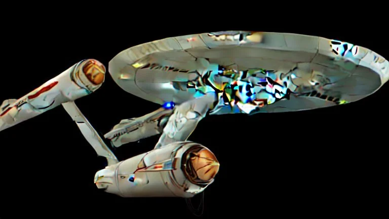 a screen capture from a star trek movie of a battle-damaged starship enterprise IN the year 2380 IS IN A BATTLE with monster ufos sci-fi meticulous, highly-polished, photorealistic, studio production, intricately detailed, GALACTIC, directed by gene Roddenberry,