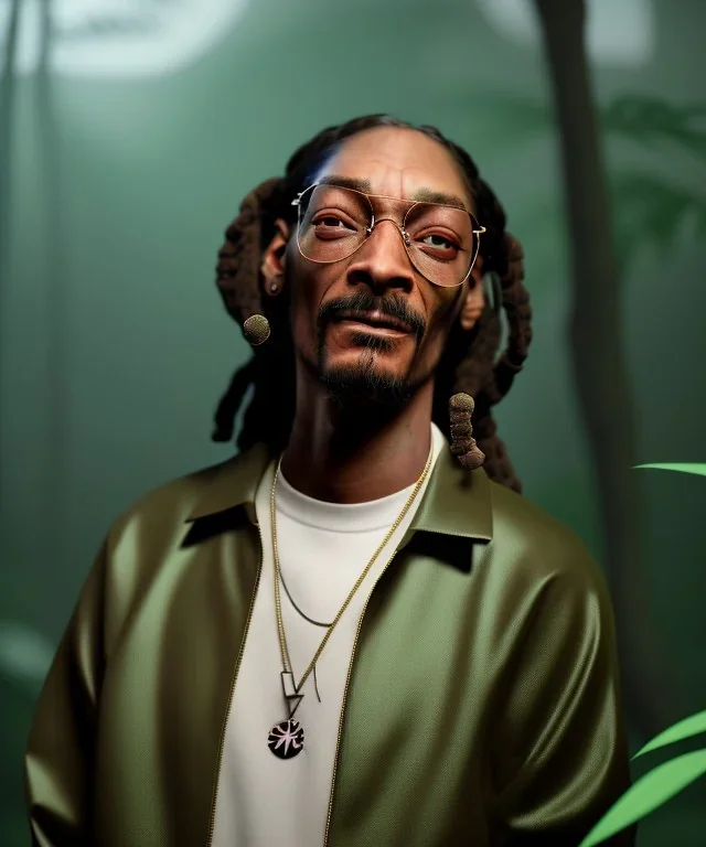 Snoop Dogg, smoking pot, jungle background, hyper realistic