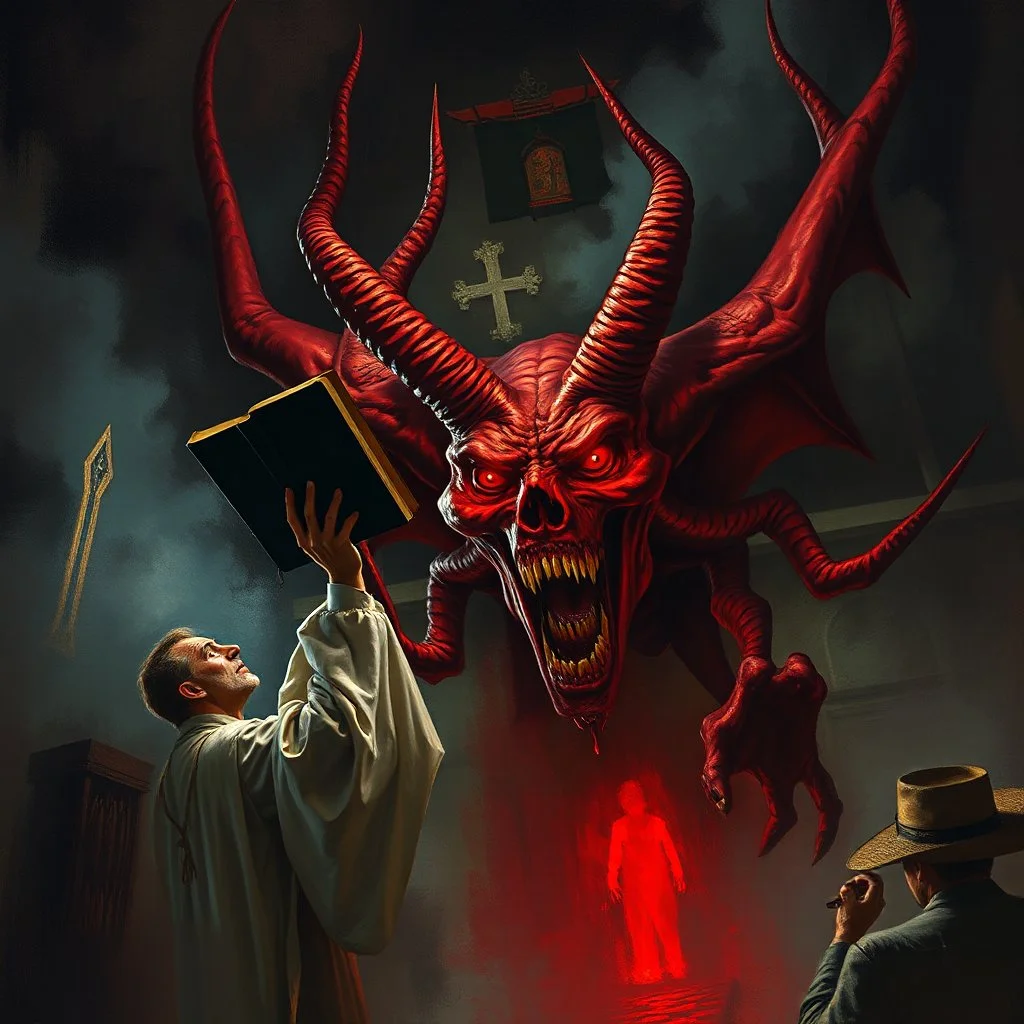 horror scene, priest shaking a bible above his head at a red multi eyed lovecraftian demonic corruption that has taken root in a 1890's frontier church, sinister, digital oil painting, by Keith Thompson and William Stout, dramatic, scary, visceral