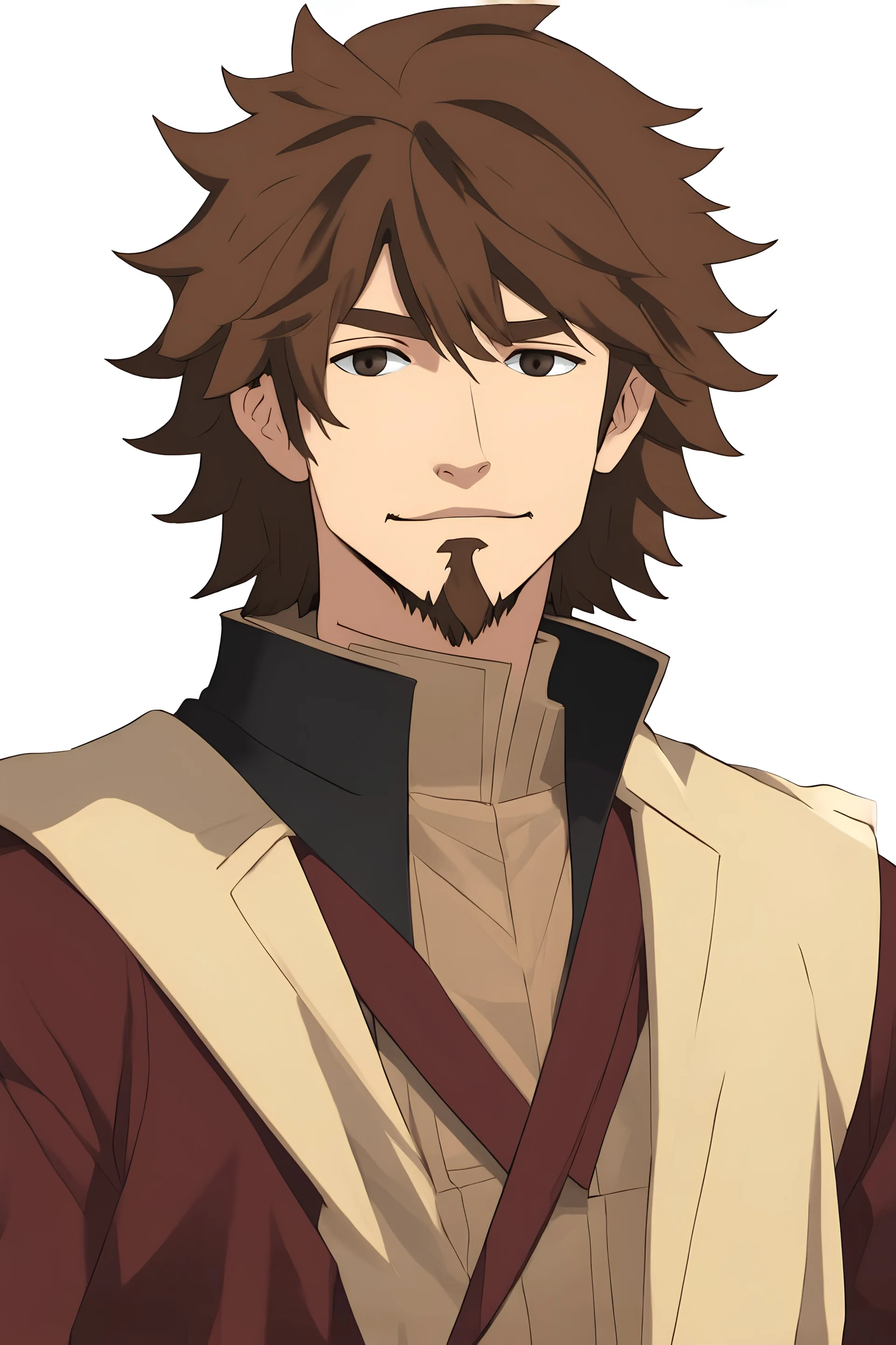 human male commoner fantasy clothes with brown shoulder length hair. He has some facial scruff. twenty to thirty years old