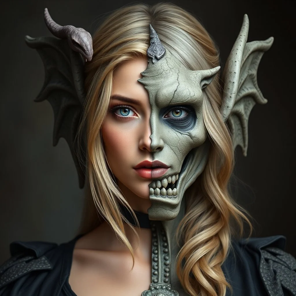a portrait of a fantasy person. One half of their face is an attractive blonde woman, the other a gargoyle statue