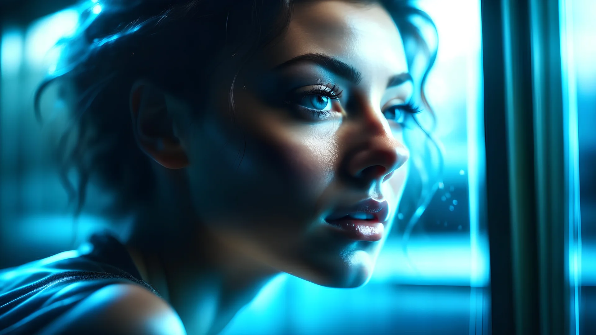 Photoreal magnificent neon vibes woman floating in a dream of extasy, as seen through a glass, by lee jeffries, photorealistic, bokeh masterpiece smooth shading, ultra detailed, high resolution, cinematic, unreal 6, subtle shadows, octane render, 8k, cinema 4d, HDR, dust effect, vivid colors