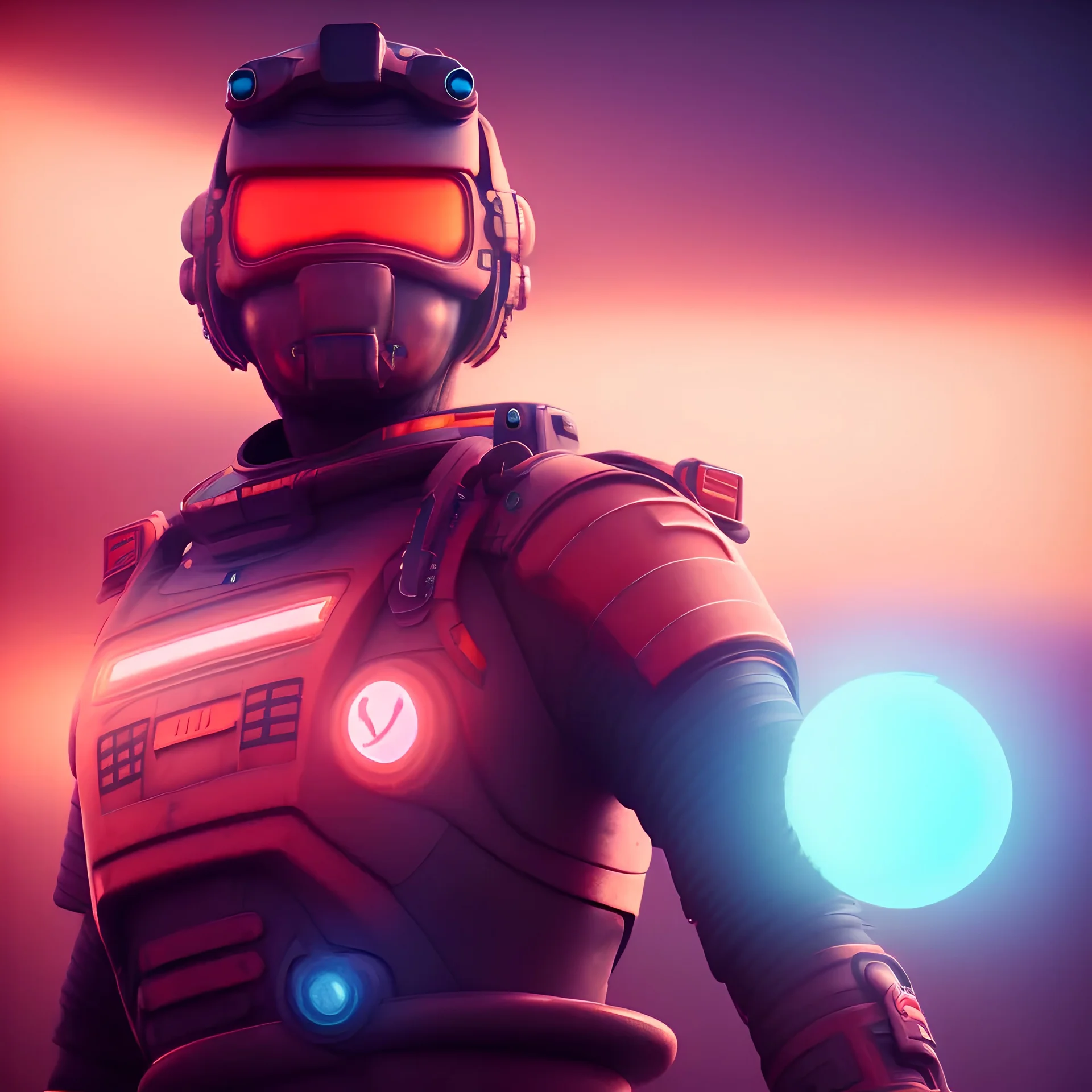 portrait, eternal samurai fusion space suit, floating in space, sun burning bright in background, neon light, 8k, 3d, blender