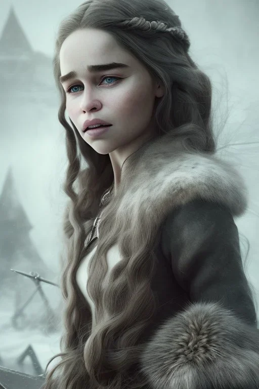 full portrait body, emilia clarke, viking clothes, colored makeup, 8k, light effetc, fog, particles,