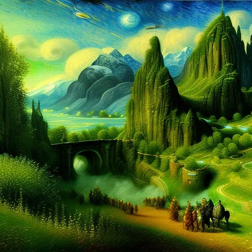 Epic Drawing of scenery with human on horse of The LOTR estilo Van Gogh 4k