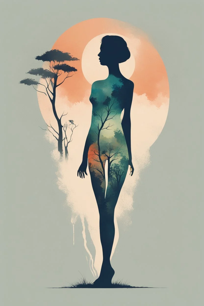 A minimalist, t-shirt design with a vintage twist, featuring a sleek and stylized unclad woman body silhouette against a faded, women body is painting about nature, awosome, bright.