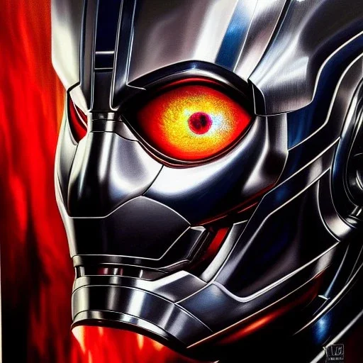 ultra detailed fullbody Portrait in oil on canvas of Ultron Villain ,extremely detailed digital painting, extremely detailed face,crystal clear Big Glowing eyes, mystical colors , perfectly centered image, perfect composition, rim light, beautiful lighting, 8k, stunning scene,extremely sharp detail, finely tuned detail, ultra high definition raytracing, in the style of robert e howard and pablo oliveira and Ken Kelley and Ohrai Noriyoshi and Simon Bisley and tom