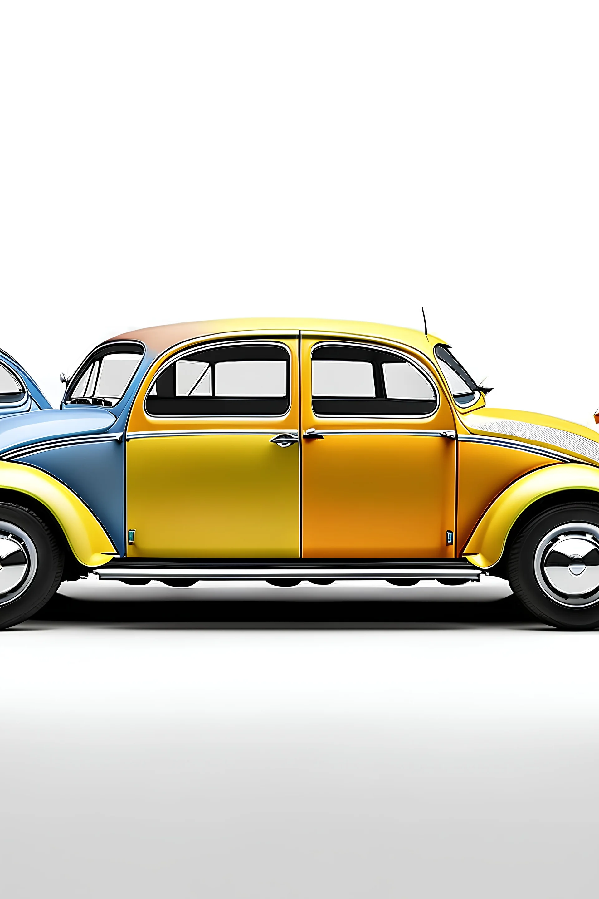 A Volkswagen beetle, front view and side view of front 4 different angle views. Bright colors High Resolution, light background.
