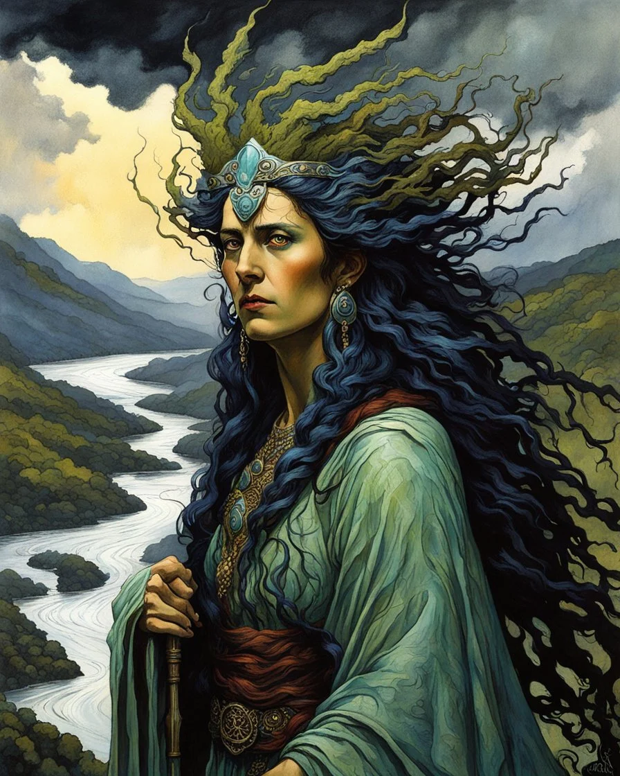 create a wildly imaginative, close up, full body portrait painting of an ethereal, otherworldly, shapeshifting Druid priestess with highly detailed hair and facial features ,under an ominous, threatening sky, overlooking a winding river valley, in the art style of Howard Pyle and N.C. Wyeth ,highly detailed , finely drawn, colored and inked, suffused with dramatic natural light and shadow, in vibrant natural color