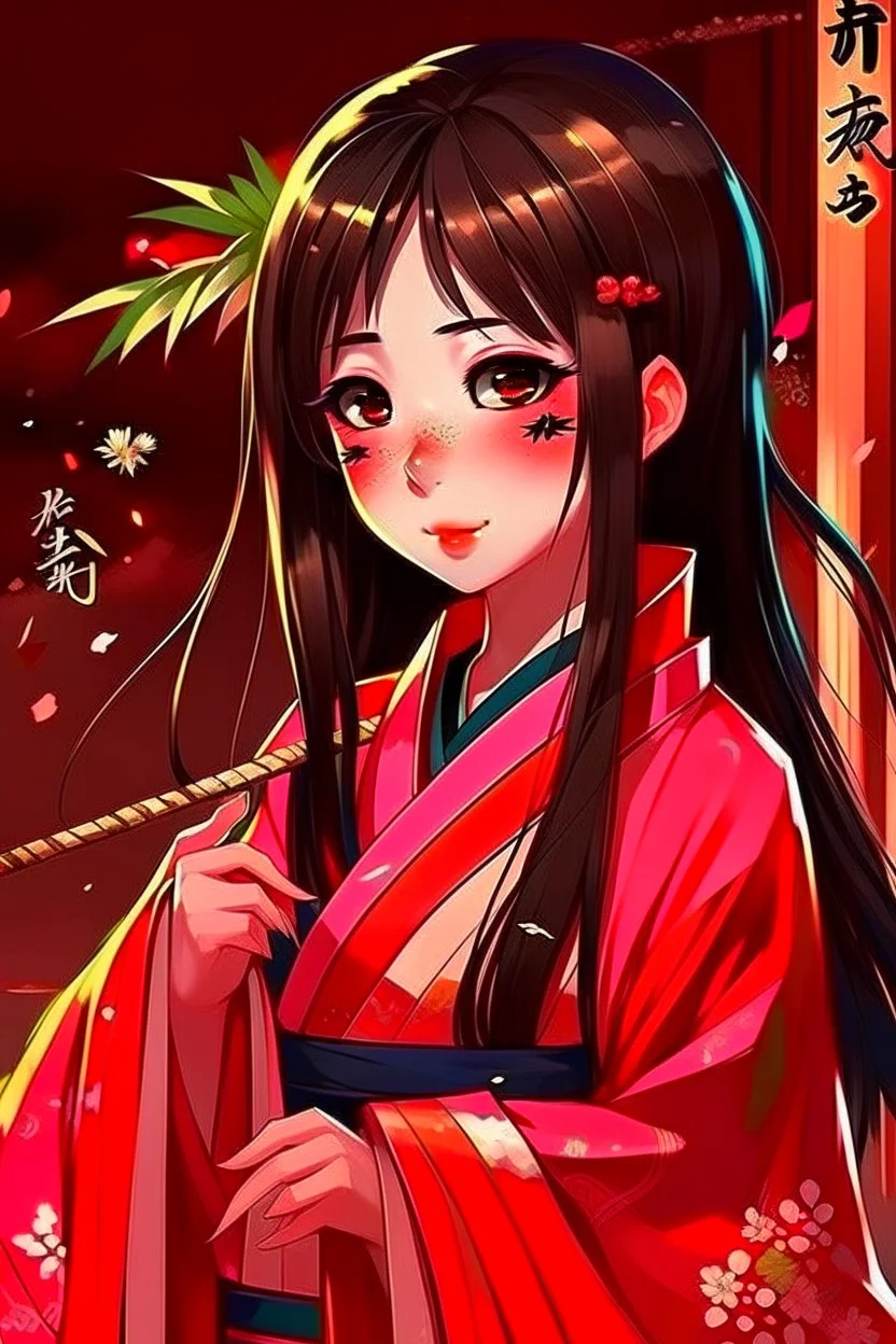 Cute Japanese girl, with pink eyes, dressed in her pink kimono and a black haori, black long hair with reddish tips, a piece of bamboo covering her mouth