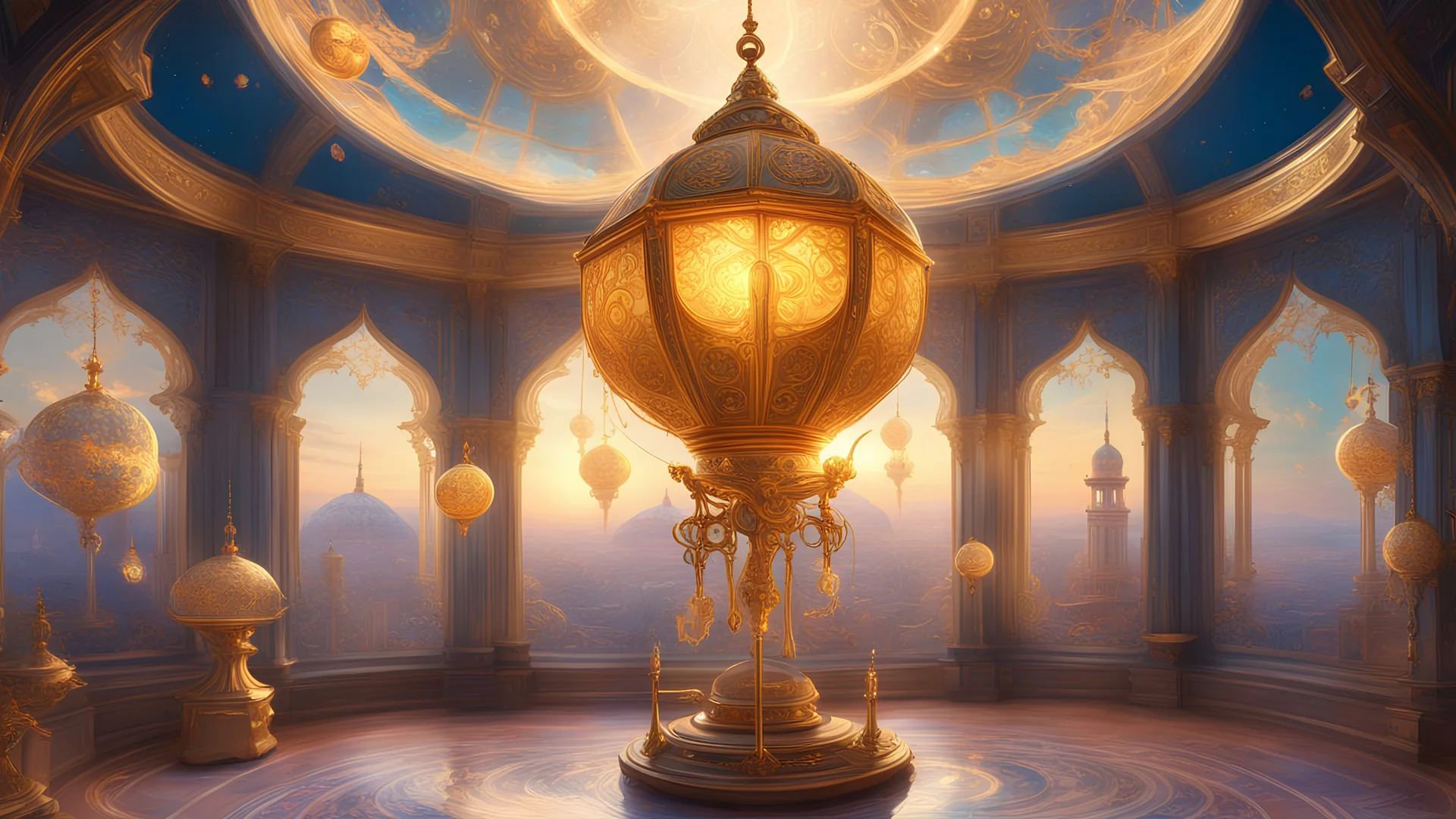 Ramadan Lantern, a beautiful and deep 3D surrealistic Rococo painting in virtual reality technology, a neo-classical golden orrery by Thomas Kinkade and Bruce Pennington, decorated with golden patterns, a mosque in the background, cinematography, exquisite details, daylight, in this clearly immersive image, adds a magical touch to Landscape., enhances the depth of the composition. The image, whether a painting or a photograph, is presented with unparalleled precision and impeccable attention to