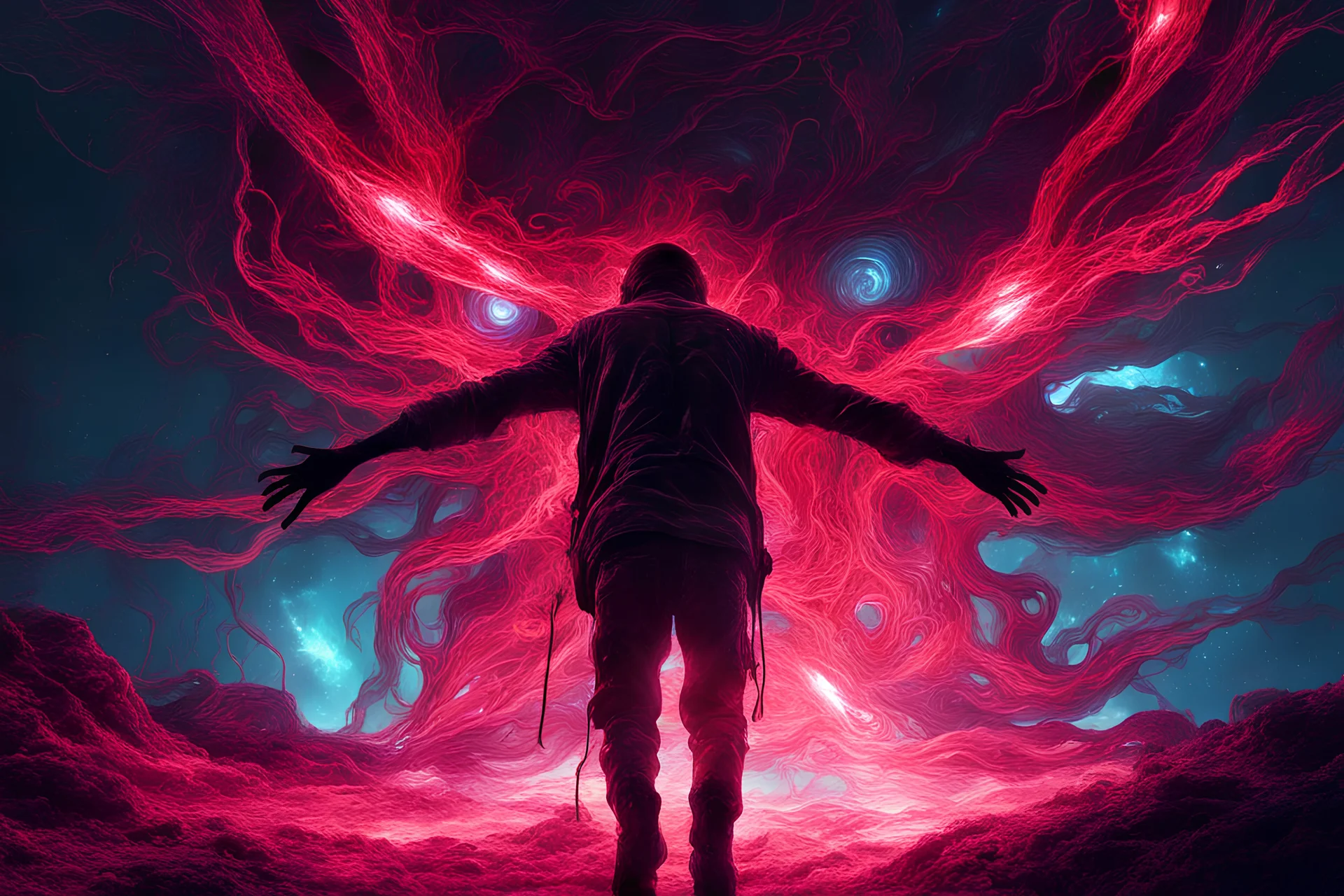 cosmic environment, man fallen from grace seeking redemption for his tainted soul, ((red glowy eyes)), biomechanical, eerie, creepy, nightmarish, very bright colors, light particles, bioluminescence, Mschiffer, wallpaper art, UHD wallpaper