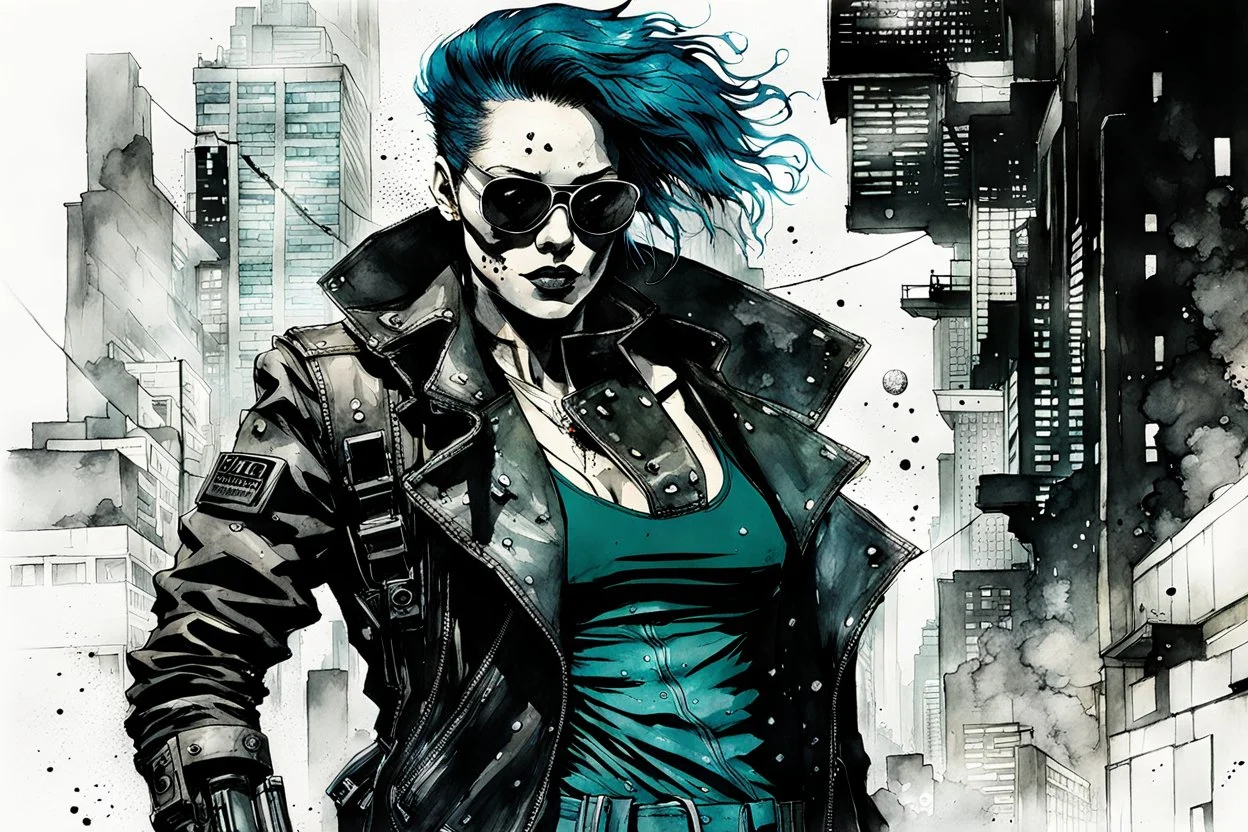 create a negative and juxtaposed ink wash and watercolor illustration of a female cyberpunk private detective with prosthetic arm in flak vest, with highly detailed , sharply defined feminine facial features, in a chaotic, turbulent, otherworldly Tokyo in the graphic novel style of FRANK MILLER, and BILL SIENKIEWICZ, precisely drawn, inked, with dramatic edges, chiaroscuro ,