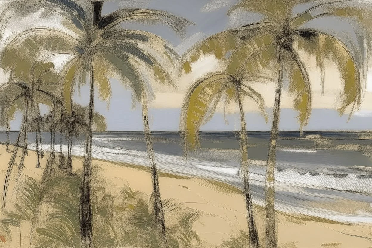 A gray beach filled with dancing palm trees painted by Gustav Klimt